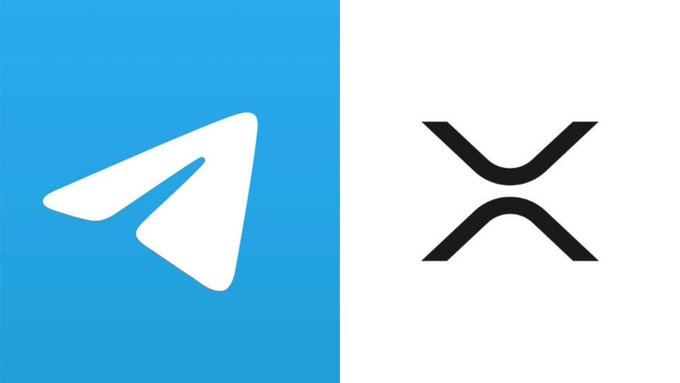 The Telegram and XRP logos are displayed side by side, featuring the white paper airplane on a blue background and the black X symbol on white.
