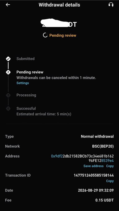 A cryptocurrency withdrawal details screen on a mobile app showing a pending review status for a 2 USDT transfer on the BSC(BEP20) network, with a fee of 0.15 USDT.