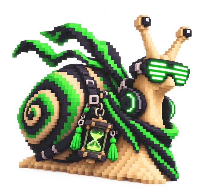 A 3D voxel-style sculpture of a snail with a pixelated spiral pattern on its body, wearing green neon-lit sunglasses and carrying a glowing lantern.