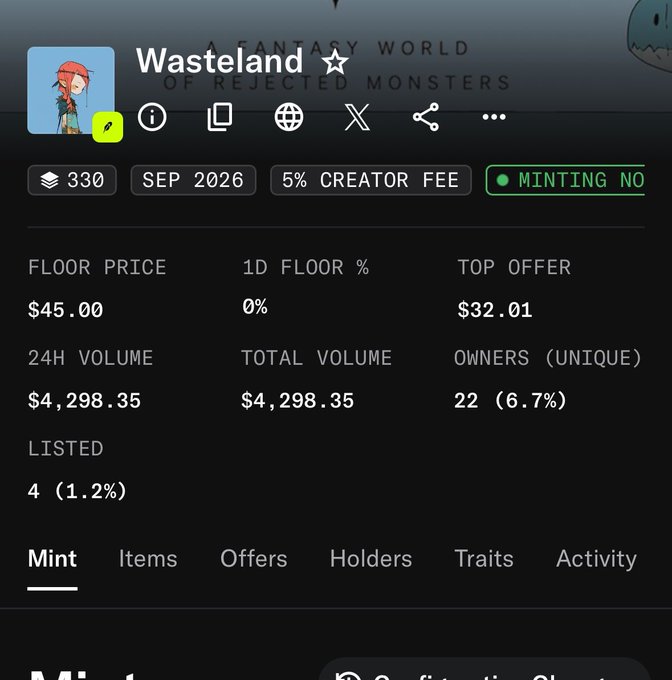 A mobile screenshot shows the “Wasteland ☆” NFT collection with 330 items, a 5% creator fee, and minting disabled. The $45 floor price and $4,298.35 volume appear to reflect the project’s post-mint performance, consistent with the poster’s claim that it went from a $16 mint to a $50 all-time-high floor.
