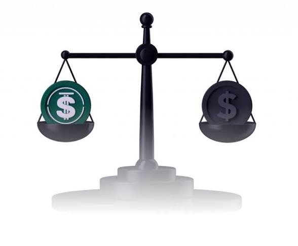 A 3D rendering of a balance scale weighing a green USDC coin against a dark grey US Dollar coin.