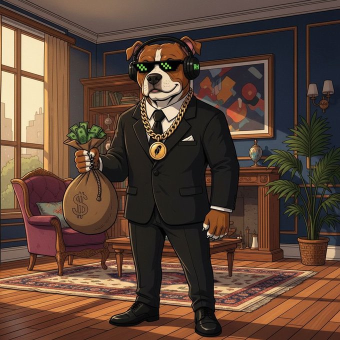 A cartoon-style anthropomorphic dog wearing a suit, gold chain with a Bitcoin pendant, pixel sunglasses, and headphones, holding a money bag in a luxurious room.