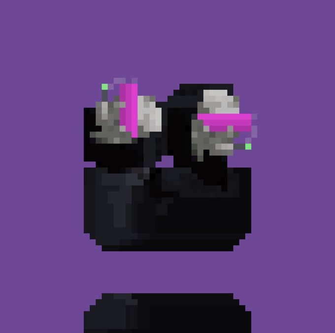 A low-resolution pixel art image depicting a figure wearing a VR or futuristic headset with pink and white colors, set against a solid purple background.