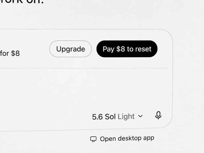 Screenshot of a UI section showing 'Upgrade' and 'Pay $8 to reset' buttons, with '5.6 Sol Light' and an 'Open desktop app' option below.