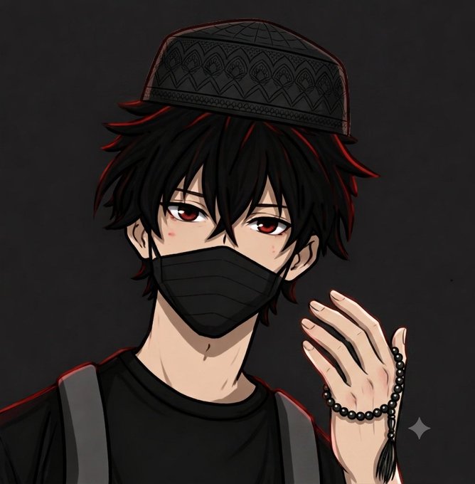 An anime-style illustration of a black-haired character with red eyes wearing a black prayer cap, face mask, and prayer beads (misbaha).