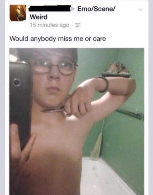 A screenshot of a social media post in the 'Emo/Scene/Weird' category, posted 15 minutes ago, showing a young person taking a mirror selfie while holding scissors near their neck, with the caption 'Would anybody miss me or care.'