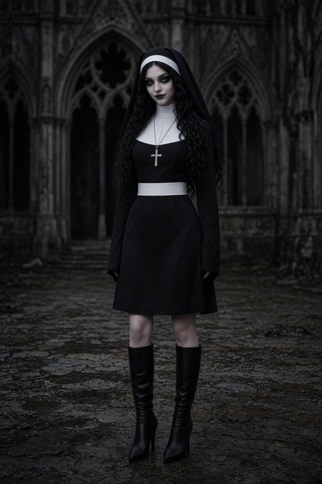 A dark, gothic-style photograph of a woman with long curly black hair dressed as a modern nun in a black habit with a white headband and belt, wearing a cross necklace and tall black boots, standing on a cobblestone surface in front of a Gothic cathedral.