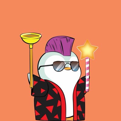 A cartoon illustration of a penguin character wearing sunglasses and a red robe with a mohawk, holding a plunger and a glowing star-topped staff.