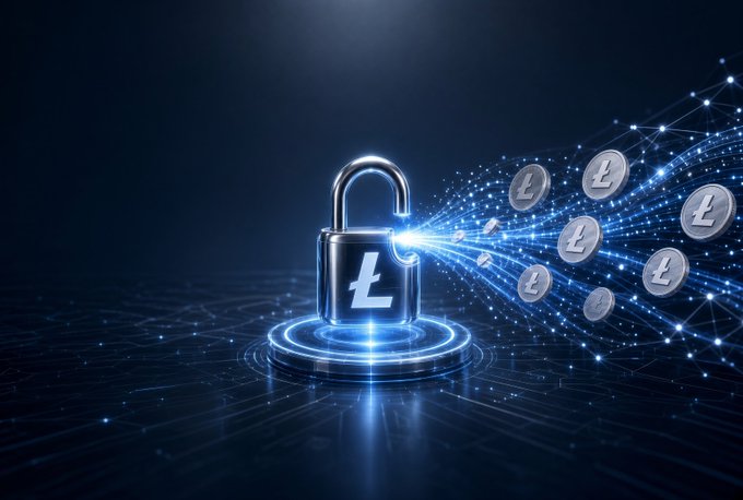 A digital illustration of a glowing padlock with the Litecoin (L) logo at its center, emitting streams of light connecting to floating Litecoin coins against a dark blue background with circuit-like patterns.