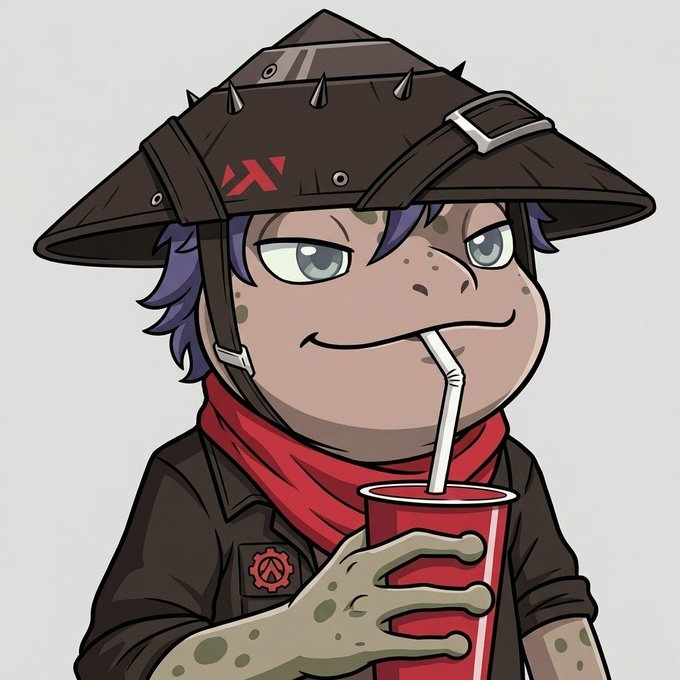 The image features a cartoon frog wearing a hat, holding a red cup with a straw inside of it. The caption reads "Thanks for 1/1 NFT @Toadies" which suggests that this image might be related to a NFT (Non-Fungible token) or an anime character from the Toadies series. The post also mentions that there are 10 GTD and 20 FCFS (fast cash) rewards available, indicating that the frog has earned these rewards for its participation in the NFT or anime.