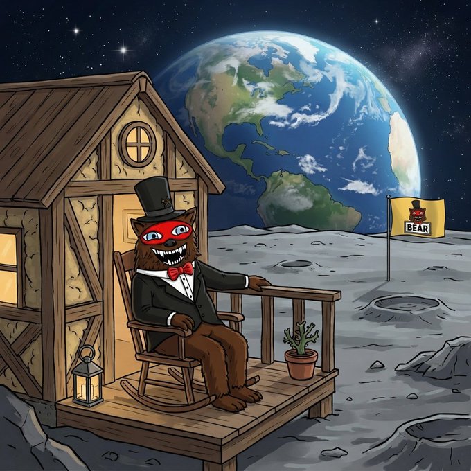 A cartoon illustration of a menacing bear in a top hat and tuxedo with a red mask, sitting on the porch of a wooden cabin on the moon with Earth visible in the background, next to a flag reading 'BEAR'.