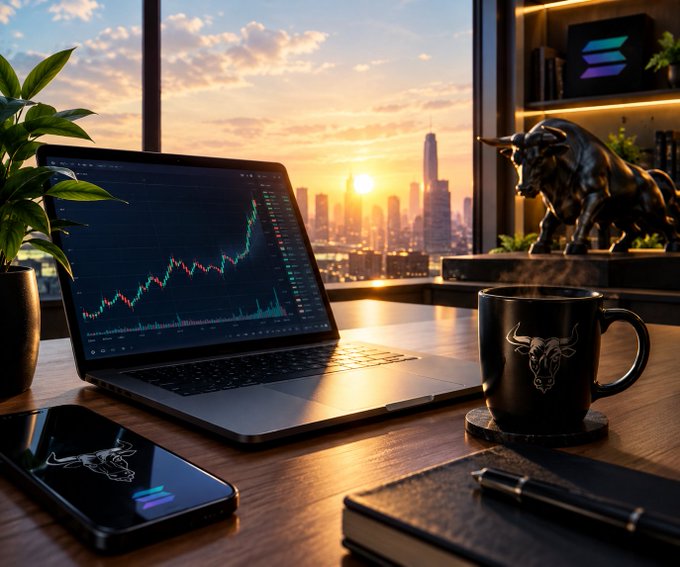 A desk setup featuring a laptop displaying a stock chart, a black mug with a bull logo, a smartphone, and a bronze bull statue with a city skyline at sunset in the background.