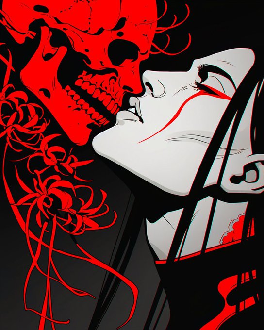 A stylized digital illustration depicting a macabre romantic embrace, featuring a woman and a skull-faced figure with red rose vines in a striking red, black, and white color palette.