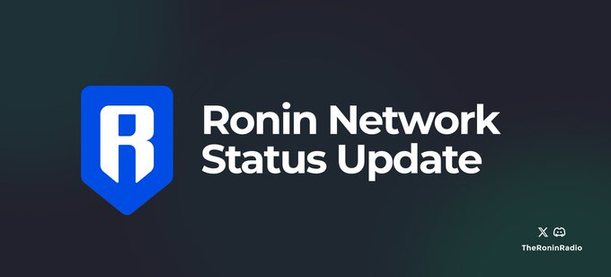 A dark banner announcing a 'Ronin Network Status Update' featuring the blue Ronin logo and a small handle for 'TheRoninRadio' in the corner.