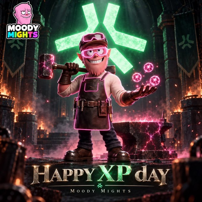 A pink-skinned cartoon blacksmith wearing goggles and an apron wields a glowing hammer beside a pink-lit anvil, with magical pink orbs floating above his outstretched hand, all set against a dark forge with a large green "X" symbol behind him. The text reads "HAPPY XP day - MOODY MIGHTS," fitting the post's celebration of XP achievements from the "Moody Mights Long Abstract" project.