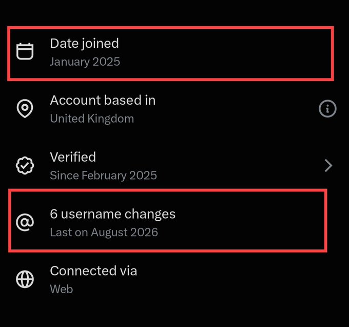 A social media account information panel highlighted with red boxes showing 'Date joined January 2025' and '6 username changes Last on August 2026', with the account based in the United Kingdom and verified since February 2025.