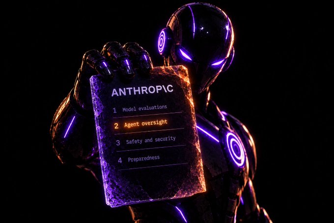A futuristic humanoid robot with glowing purple neon accents holds a tablet displaying the "ANTHROPIC" list: Model evaluations, Agent oversight, Safety and security, and Preparedness.