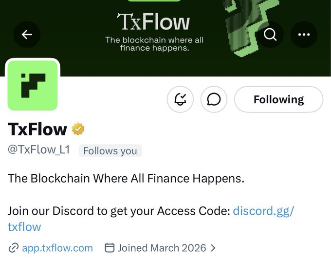 A screenshot of TxFlow's Twitter/X profile (@TxFlow_L1) showing the account description "The Blockchain Where All Finance Happens," with a verification badge, "Follows you" label, and a Discord invitation link, representing the first project featured in a post ranking the top 3 perpetual DEXs to farm.