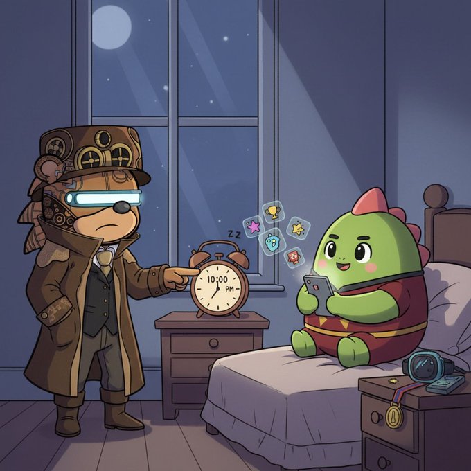 A cartoon dinosaur looks pleadingly at its phone in bed while a steampunk-styled coach character wearing glowing visors points sternly at an alarm clock reading "10:00 PM," perfectly capturing the nightly bedtime struggle between digital scrolling and proper sleep routines.