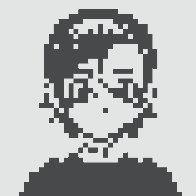 A pixelated black and white portrait of a person's head and shoulders in an 8-bit art style.