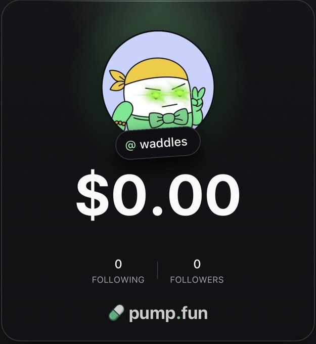 The image shows a Pump.fun profile card for the user "@waddles" featuring a cartoon character with a yellow bandana and green glow, displaying a balance of $0.00 with 0 following and 0 followers. This visual ties into the post by illustrating the new Pumpfun trading app interface where users can showcase their profile and trading activity, supporting the author's endorsement of the platform as their preferred public trading venue with 0% fees.
