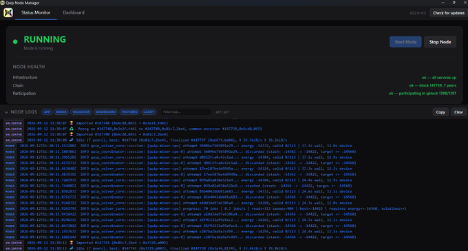 A Clip Node Manager Status Monitor dashboard showing the node is RUNNING, with green indicators for Infrastructure and Participation, and a logs panel displaying validators and glibc-related INFO messages.