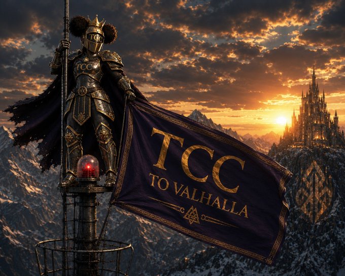 A knight in ornate black armor stands atop a tower holding a purple banner emblazoned with "TCC TO VALHALLA," with a golden castle and sunset visible in the background—evoking a heroic, war-ready atmosphere that matches the post's rallying cry for $TCC holders to "raise the flag" toward a triumphant "valhalla" season.