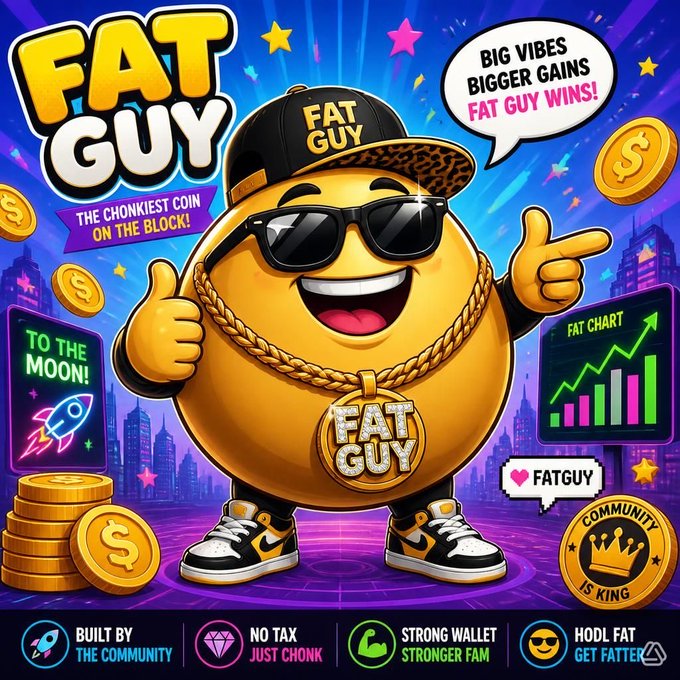 A vibrant cryptocurrency meme poster for 'FAT GUY' coin featuring a cartoon gold coin character with sunglasses and chains, promoting 'TO THE MOON' and 'NO TAX'.