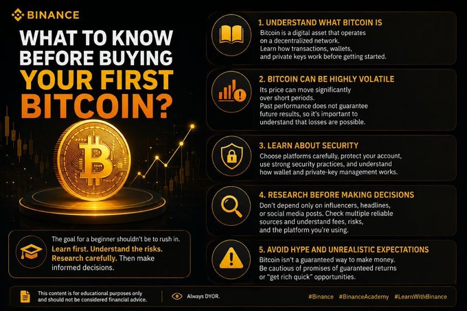 A Binance educational infographic titled "What To Know Before Buying Your First Bitcoin?" featuring a golden Bitcoin token graphic, outlining five key beginner tips: understanding Bitcoin's decentralized nature, recognizing its high volatility, learning about security practices, researching before making decisions, and avoiding hype-driven expectations, with hashtags #Binance, #BinanceAcademy, and #LearnWithBinance at the bottom.