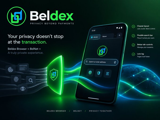 A promotional advertisement for Beldex showcases a smartphone displaying the browser interface with the tagline 'Your privacy doesn't stop at the transaction' and 'PRIVACY BEYOND PAYMENTS'.