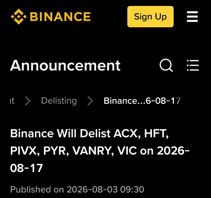 A Binance announcement page stating 'Binance Will Delist ACX, HFT, PIVX, PYR, VANRY, VIC on 2026-08-17', published on 2026-08-03 09:30.