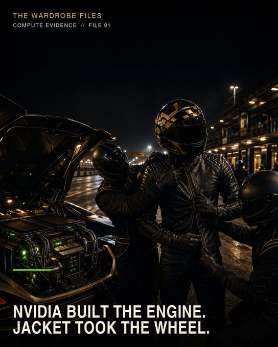 A moody, cinematic poster titled 'THE WARDROBE FILES / COMPUTE EVIDENCE // FILE 01' showing a masked figure in a black jacket next to a car with exposed hardware, captioned 'NVIDIA BUILT THE ENGINE. JACKET TOOK THE WHEEL.'