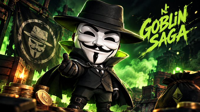 A cartoon goblin in a black fedora and Guy Fawkes mask points forward amid green smoke and treasure, with the text "GOBLIN SAGA" displayed prominently in stylized green lettering. The image ties into the announcement by visually introducing the Goblin Saga project and its next chapter, which includes expansion to Robinhood alongside the existing ApeChain community.