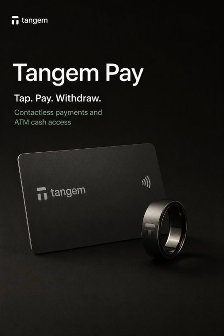 A promotional image for Tangem Pay featuring a black contactless payment card and a smart ring, with the tagline 'Tap. Pay. Withdraw.' and 'Contactless payments and ATM cash access'.