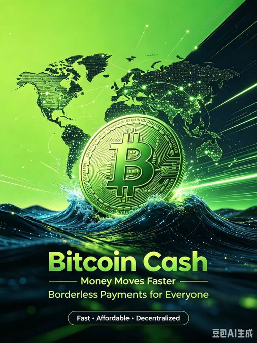 An advertisement features a Bitcoin Cash coin with text "Bitcoin Cash - Money Moves Faster, Borderless Payments for Everyone - Fast, Affordable, Decentralized" against a green world map and wave background.