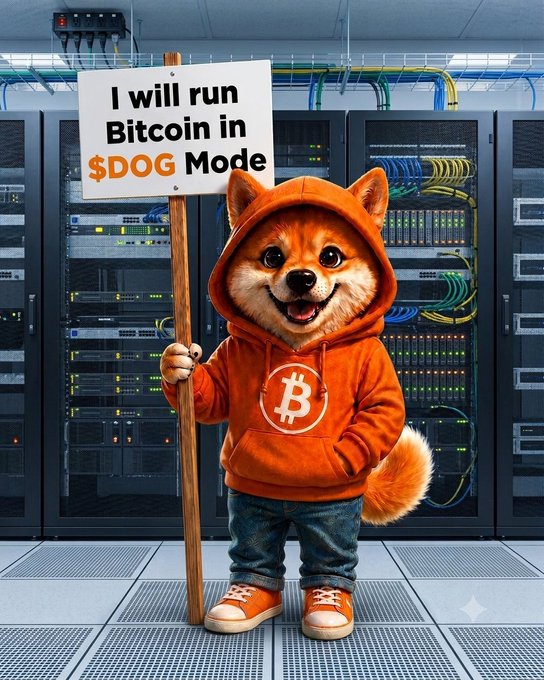 An anthropomorphic Shiba Inu dog wearing an orange Bitcoin hoodie holding a sign reading 'I will run Bitcoin in $DOG Mode' in a server room.