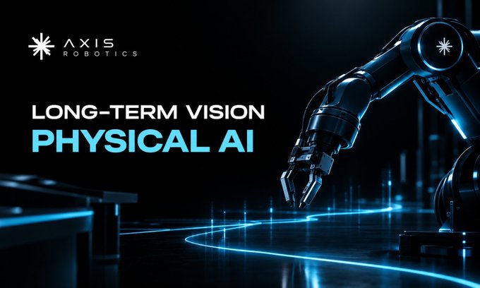 A promotional graphic for AXIS ROBOTICS displays a robotic arm and the text 'LONG-TERM VISION PHYSICAL AI' against a dark background with glowing blue lines.