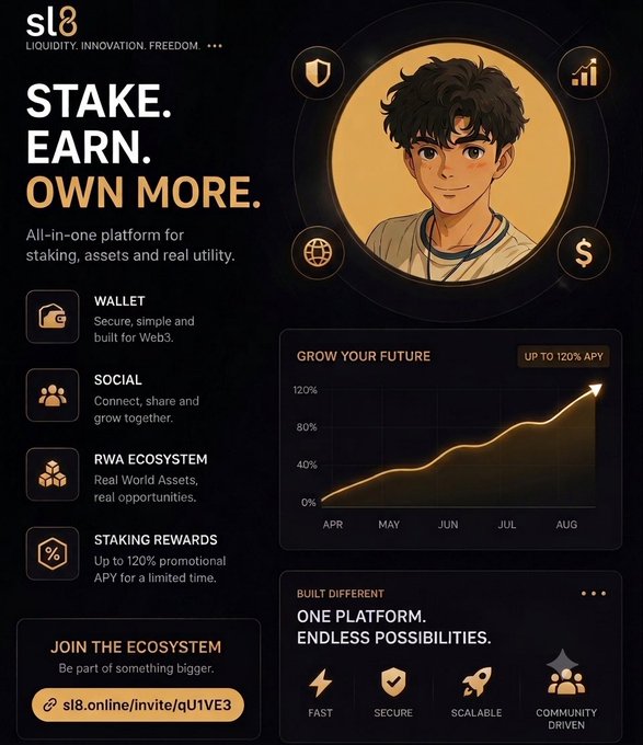 The image is a promotional graphic for **sl8**, highlighting its tagline "Stake. Earn. Own More." as an all-in-one Web3 platform featuring a wallet, social tools, RWA ecosystem, and staking rewards of up to **120% APY**, with a growth chart showing returns rising from April to August and an invite link at sl8.online/invite/QU1VE3.

It directly supports the post by visually showcasing sl8's multi-feature approach—staking, wallet, social, and RWA tools—alongside the eye-catching 120% promotional APY claim.