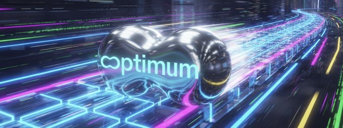 A futuristic digital graphic showing the 'optimism' logo on a metallic object amid colorful neon circuits and data streams.
