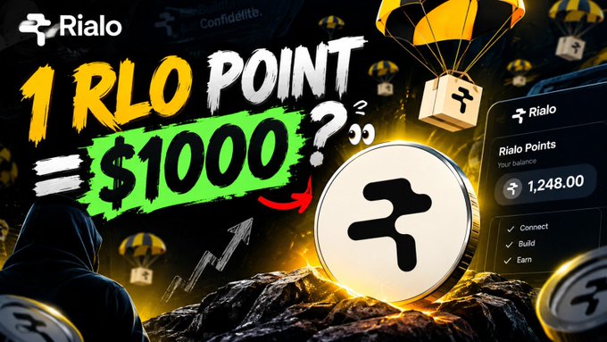 An advertisement for "Rialo" showing a coin/medal with the text "1 RLO POINT = $1000?" along with a hooded figure and parachutes, displaying a balance of "1,248.00 Rialo Points" and options to "Connect, Build, Earn."