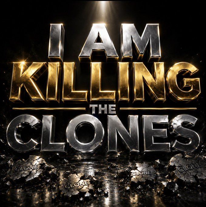 The image features bold, metallic 3D text reading "I AM KILLING THE CLONES" in silver and gold against a dark background, with shattered clone-like fragments scattered at the base. It visually reinforces the post's humor about tech failures and expired sessions, using the dramatic "killing the clones" imagery as a tongue-in-cheek metaphor for troubleshooting glitches.