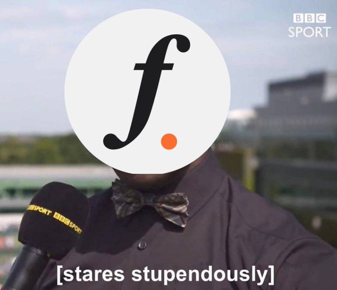 A BBC Sport image with the 'f.' logo (representing footballer) obscuring the face of a reporter wearing a bow tie holding a BBC Sport microphone, captioned '[stares stupendously]'.