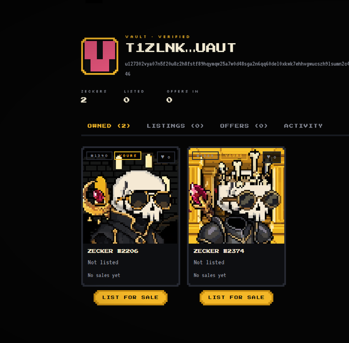 A screenshot of a Vault verified NFT profile for the wallet address starting 'T1ZLNK..VAUT' showing 2 owned Zecker pixel-art NFTs (#2206 and #2374), neither listed for sale.