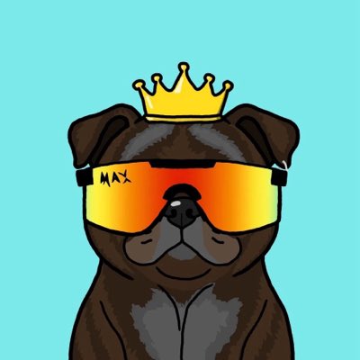 A cartoon illustration of a black and brown dog wearing orange reflective sunglasses and a yellow crown, with the word 'MAX' written on the sunglasses.