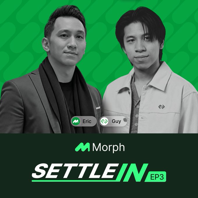 The graphic promotes "Morph Settle In EP3," featuring black-and-white portraits of Eric Cheung and Guy (from Bitkub) against a green background, with logos identifying them. It visually introduces the podcast episode that discusses Thailand's PromptPay success and the challenges of cross-border payments, as highlighted in the accompanying post.