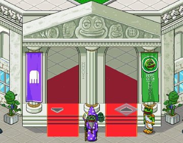 A pixel art image of a classical-style building with columns, featuring two banners, a purple wizard character in the center, and golden statues on the sides.
