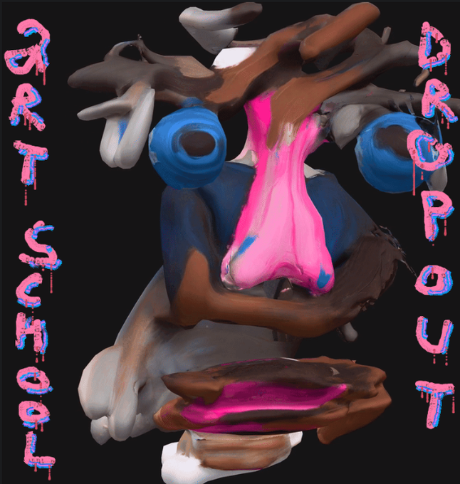 A digital illustration of a grotesque cartoon face with messy brown hair, blue eyes, and a prominent pink nose, surrounded by the text 'ARTSCHOOL' and 'DROPOUT' in dripping pink-and-blue lettering.
