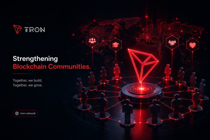 A promotional graphic for TRON with the text 'Strengthening Blockchain Communities' and 'Together, we build. Together, we grow.' alongside 'tron.network', featuring a red glowing TRON logo surrounded by networked human figures and icons on a dark background.
