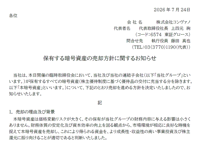A Japanese corporate announcement dated July 24, 2026, from Convano Inc. (コード:6574, 東証グロース), signed by President Shinya Uwano, titled "Notice Regarding the Sale Policy of Crypto Assets Held," stating the company's decision to sell all of its crypto holdings to improve financial stability and capital efficiency.