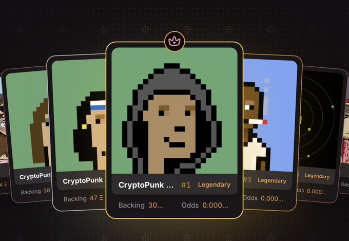 A display of CryptoPunk NFT digital collectibles shown as cards, with a central '#1 Legendary' CryptoPunk featuring a hooded figure.